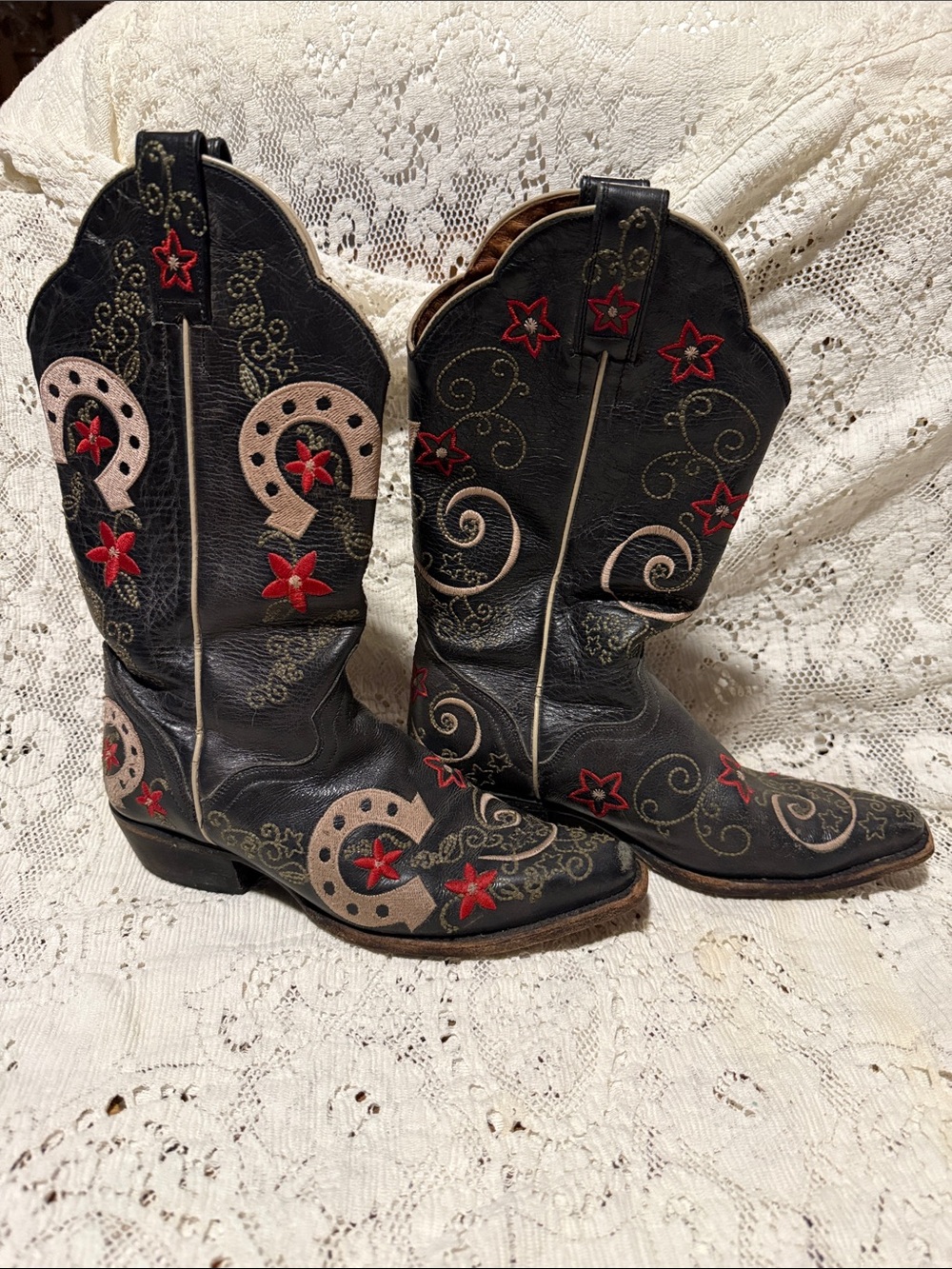 J.B. Dillon Lucky Horseshoe Western Cowboy Boots with Red and Tan Embroidery